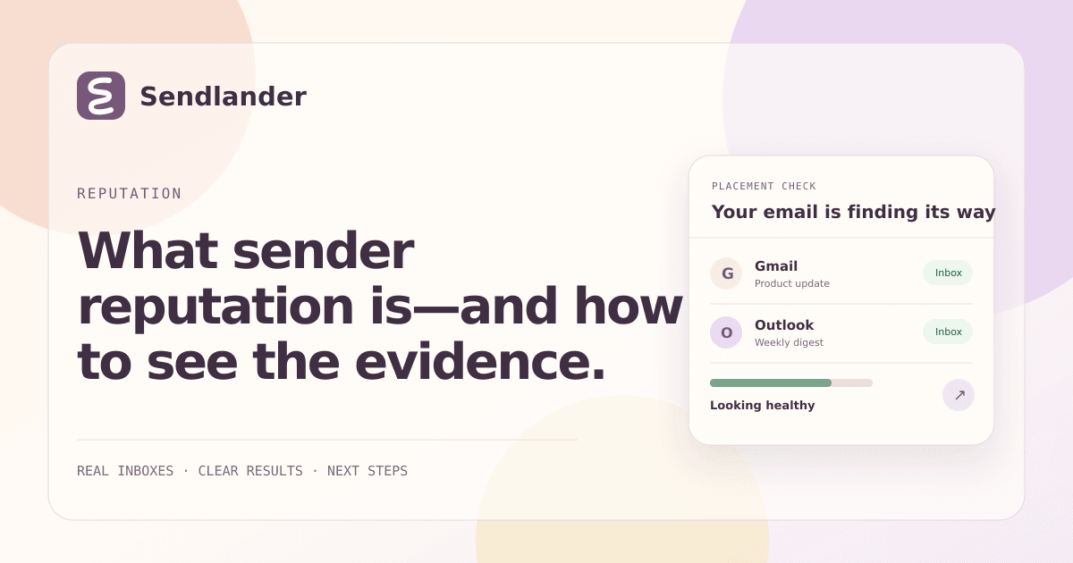 Sender reputation evidence from domain, IP, complaints, provider data, and placement trends