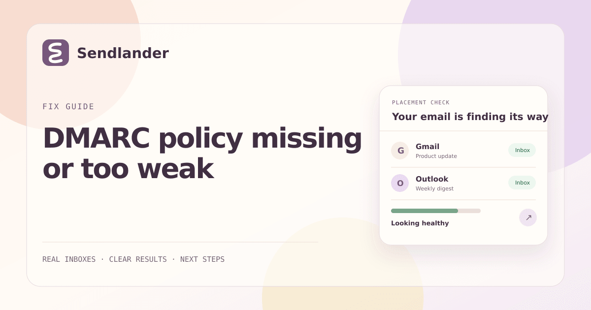 Sendlander diagnostic guide for dmarc policy missing or too weak